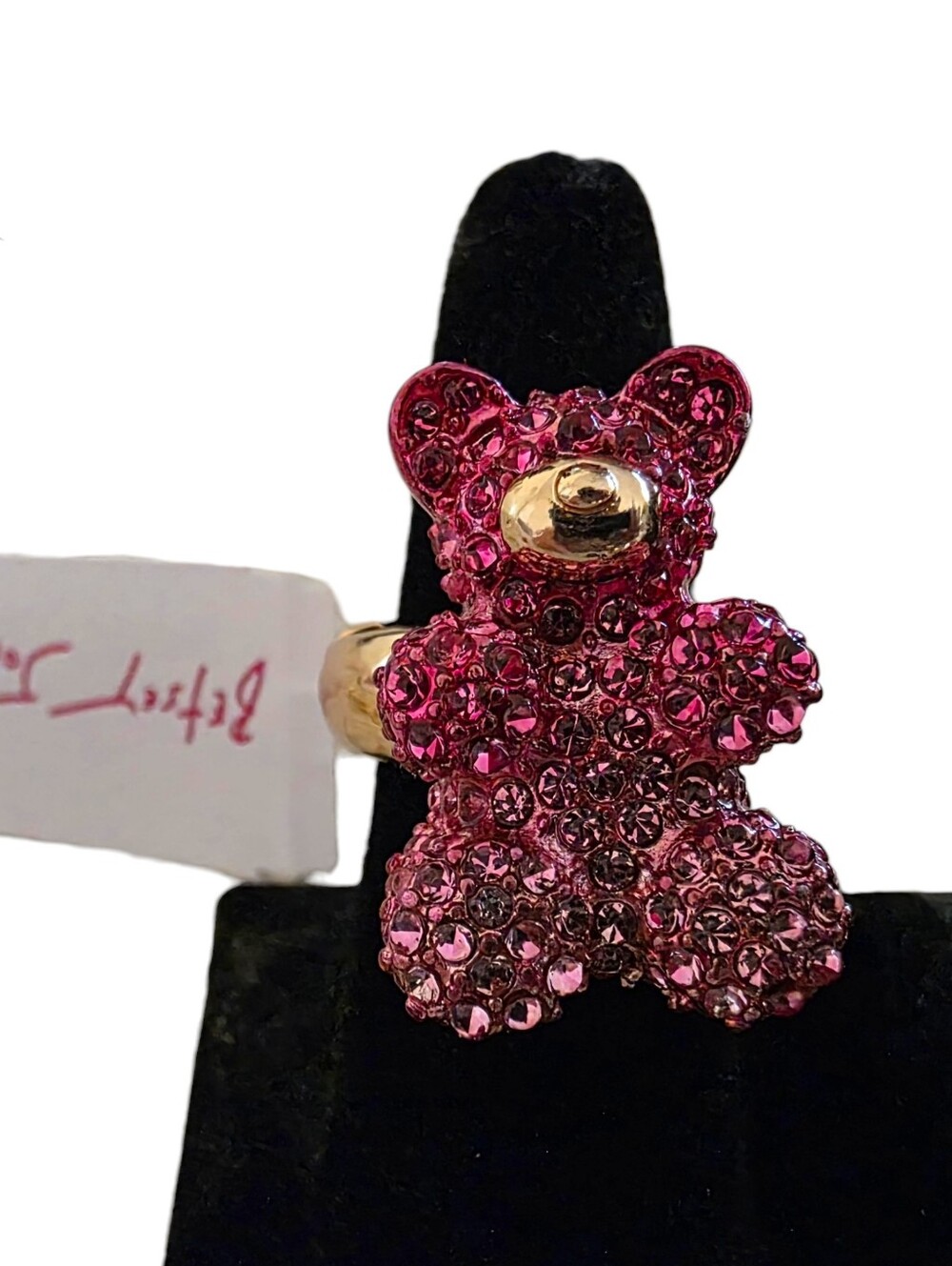 NEW Betsey Johnson Pink Crystal Gummy Teddy Bear Gold Tone Ring Adjustable NWT